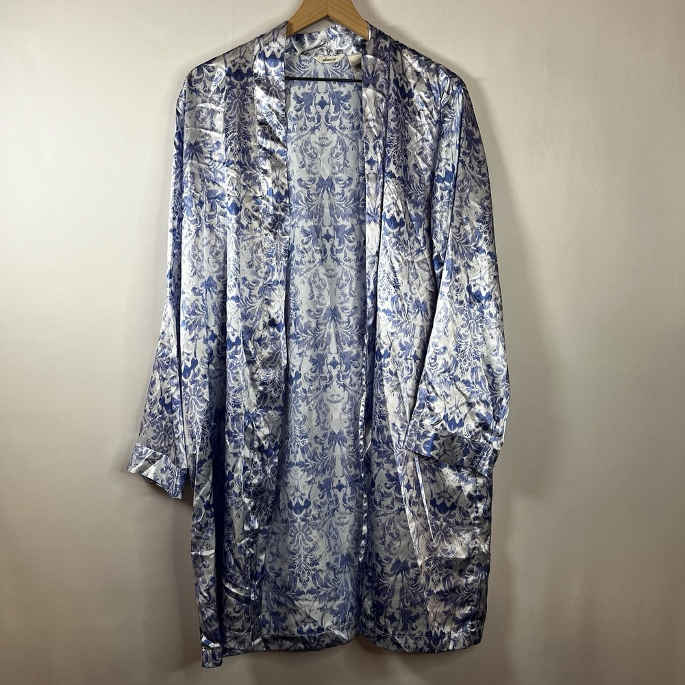 Vtg Adonna Sleepwear Women Robe Blue Floral Print Satin Long Sleeve PJ Pajama
